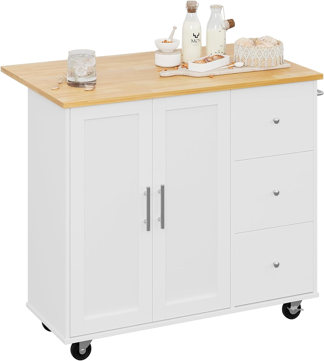 Sobaniilo Rolling Kitchen Island Cart with Folding Drop Leaf Breakfast Bar, Portable Trolley Island with Large Storage Cabinet, Shelf and Drawer, White