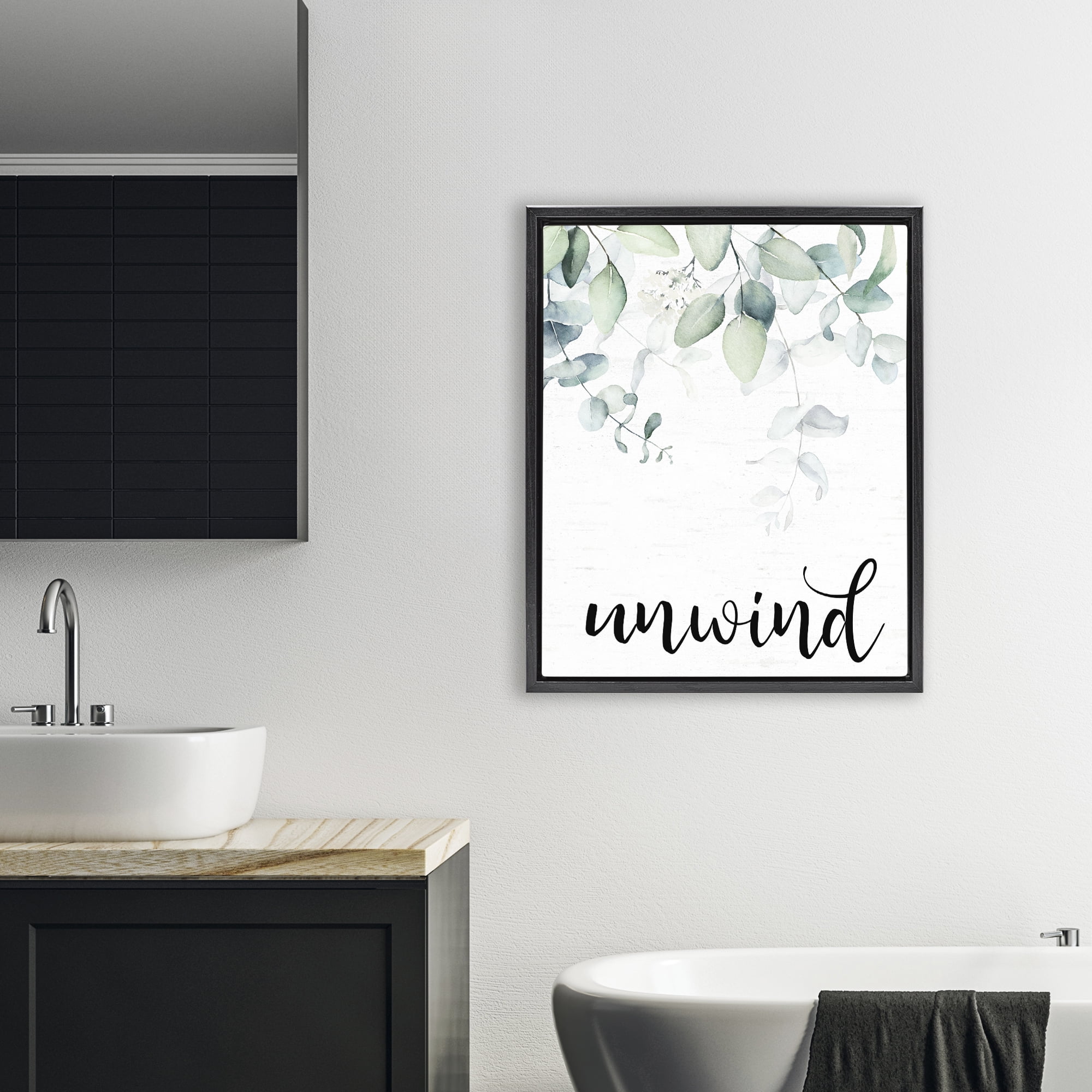Unwind Leafy Herbs Black Framed Floater Canvas Wall Art, design by Lettered and Lined