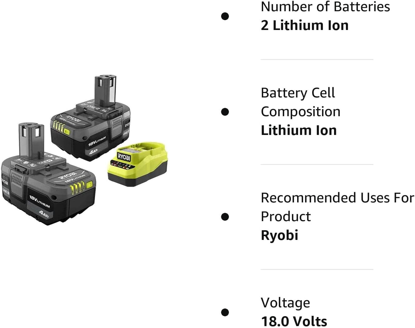 PBP005 18V 4 Ah Power Tool Battery with Charger Ryobi ONE+ 18V Lithium-Ion Battery, 2 Pack