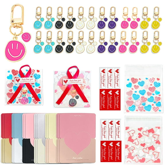 120Pcs Smiley Face Keychain with Heart Shape Greeting for valentines day, Cute Keyring for Classroom Prizes,Back to School Birthday Valentines Party Favors Gift, Goodie Bag Stuffers Supplies C113