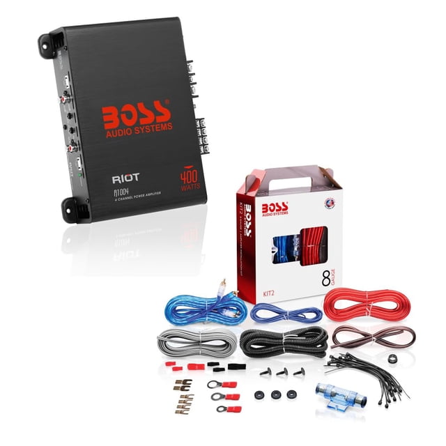 amplificador boss audio systems r1004 riot series de 4 canales, amplificador de coche clase A/B 4 canales (7.8" x 9" x 2", 3.1 lbs) en vista 3/4 frontal con carcasa negra y logo rojo "BOSS AUDIO SYSTEMS", texto "RIOT" y "400 watts" visibles; panel lateral con entradas RCA y conectores de tornillo; incluye kit de cableado KIT2 calibre 8 con cable de alimentación rojo, cable de tierra negro, interconexión RCA y accesorios de instalación; adecuado para accionar altavoces de rango completo y conectar subwoofer.