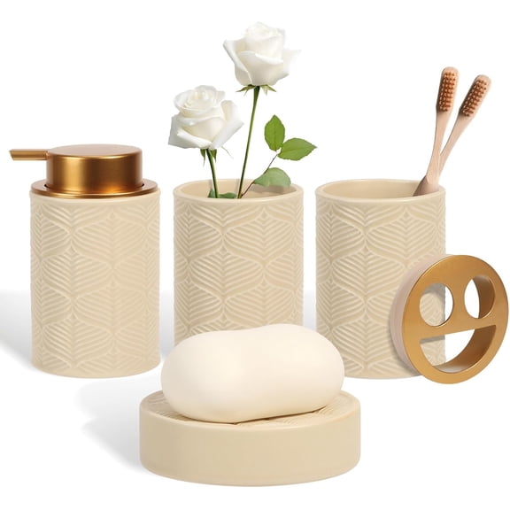Ceramic Bathroom Accessories Set, 4 Pcs-Includes Lotion Soap Dispenser, Toothbrush Holder, Vanity Tray, and Tumbler, Modern Bathroom Decor Organizer with Soap Dish, Apothecary Jar, Beige Color