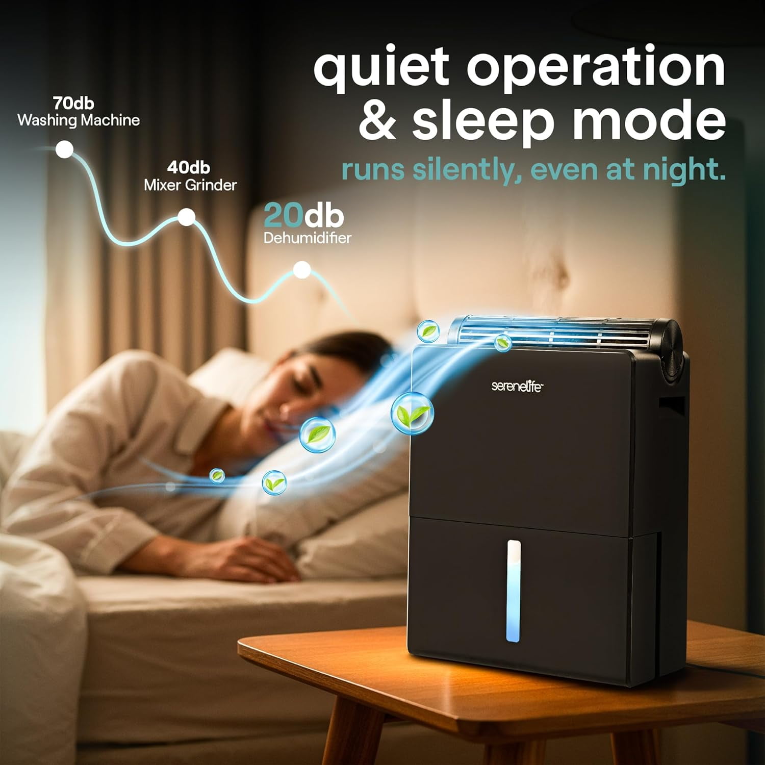 SereneLife 91 Oz Quiet Home Dehumidifier with Drying Base – Smart Humidity Control, Timer & Sleep Mode, Ideal for Bedroom, Bathroom & Basement, Up to 1200 Sq Ft Coverage (Black, 9 x 6 x 13 In)