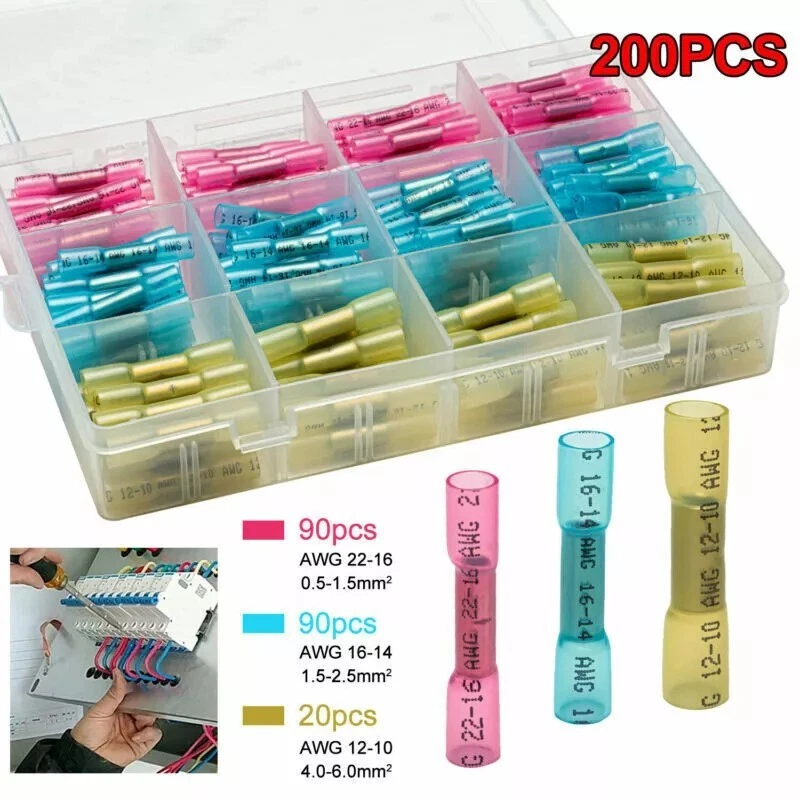 200Pcs Butt Wire Splice Connectors Heat Shrink Seal Crimp Terminals Waterproof