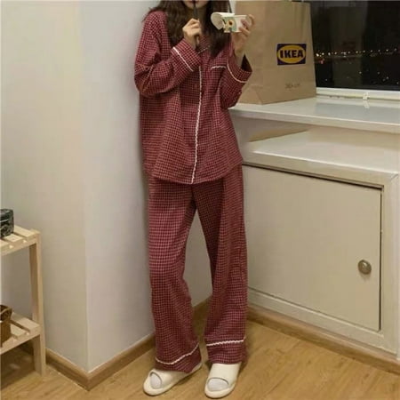 

Plaid Casual Pajama Sets Women Single Breasted Ins Japan Turn-down Collar Nightwear Spring Fall Elastic Waist Homewear New Mujer