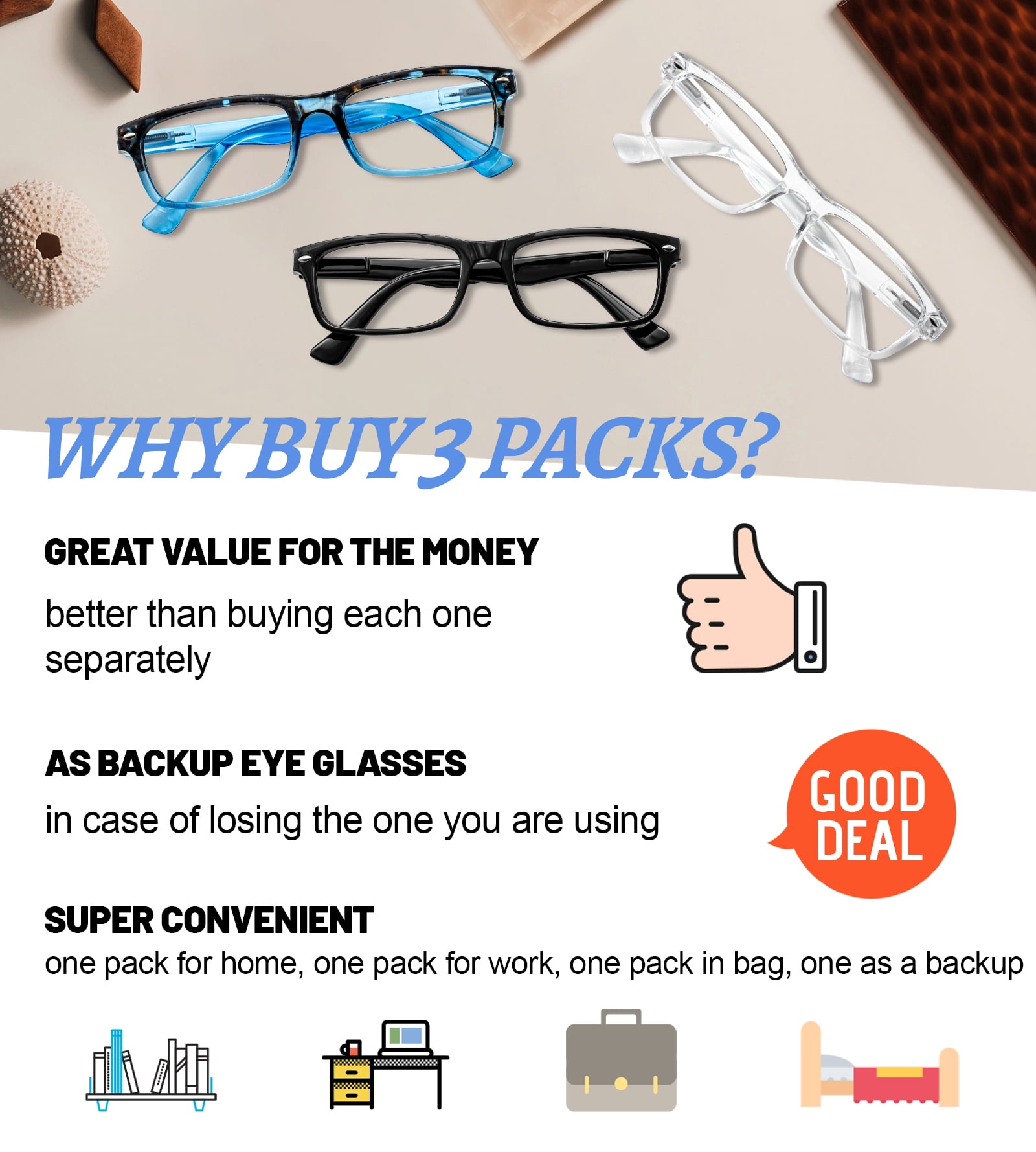 WEMOOTANTS 3 Packs Clear Reading Glasses 1.0 Men Rectangular Spring Hinges Readers 1.0 1.25 1.5 1.75 2.0 2.25 2.5 2.75 3.0 3.5 4.0 5.0 6.0
