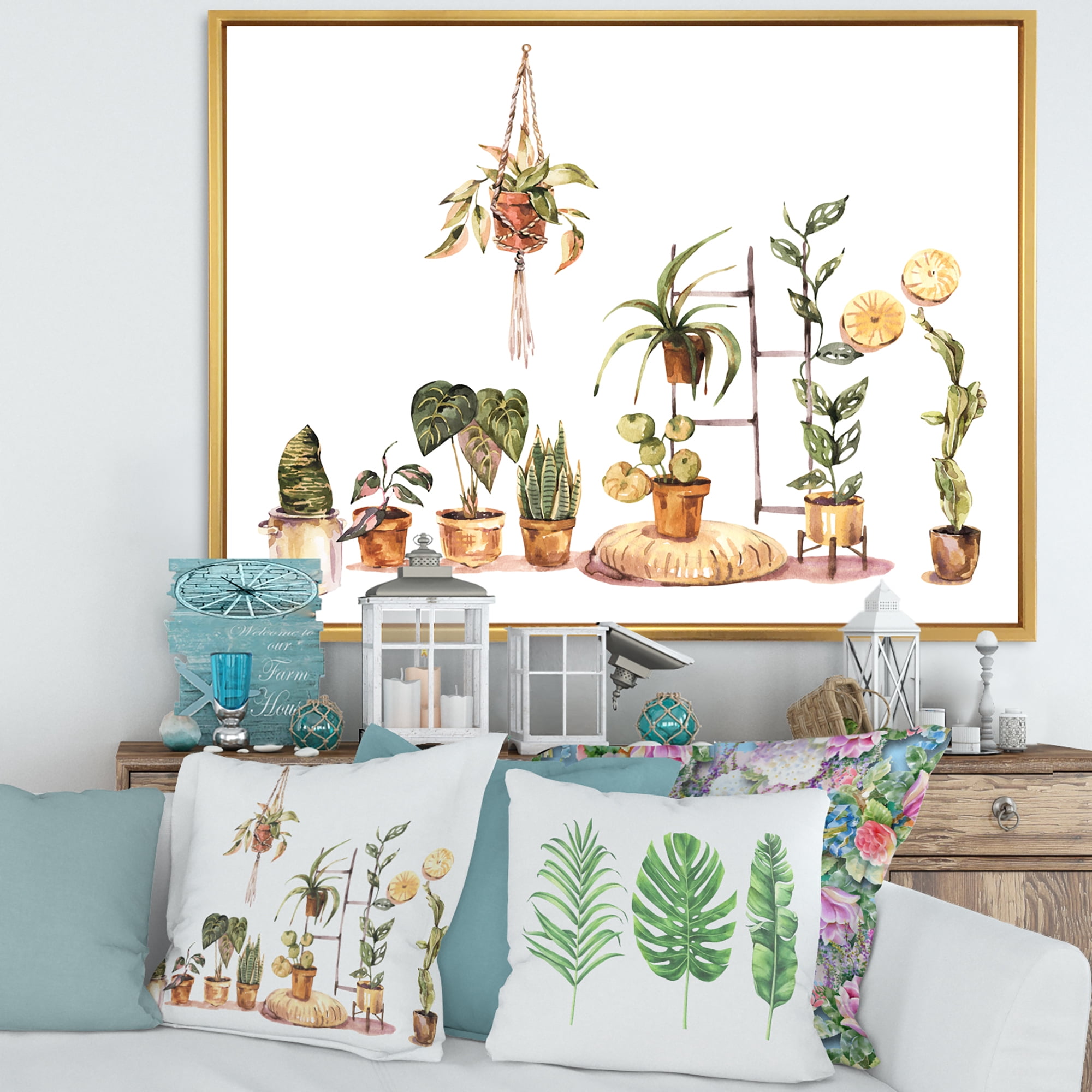 Designart 'Indoor House Plants Urban Jungle in Flowerpots II' Traditional Framed Canvas Wall Art Print