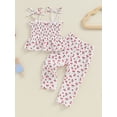 thumbnail image 5 of Yunliwuli Toddler Girls Cherry Print Set Lacing Ruffles Pleated Boat Neck Camisole Tops Elastic Waistband Long Pants 2-Piece Outfits, 5 of 10
