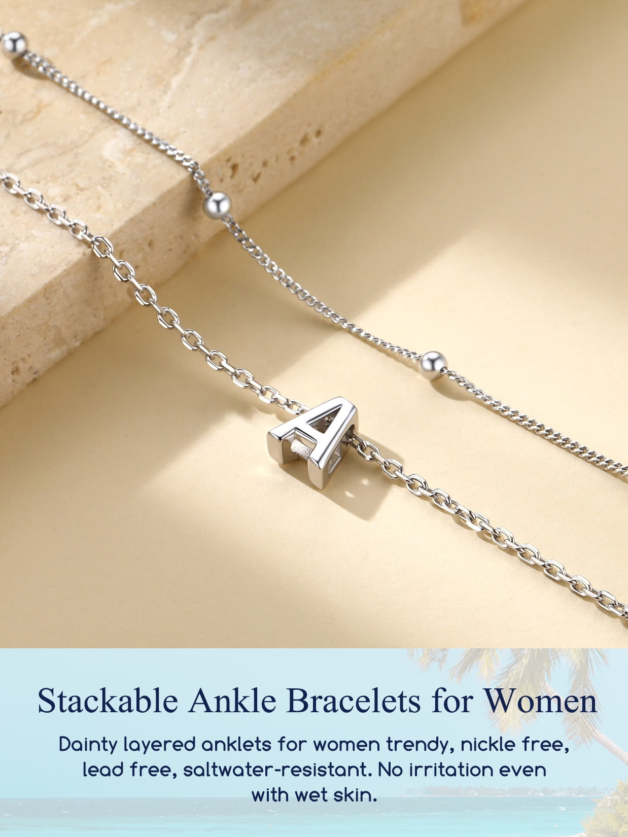 Suplight 925 Stelring Silver Double Layered Letter Chain Anklet Bracelets for Women Gift