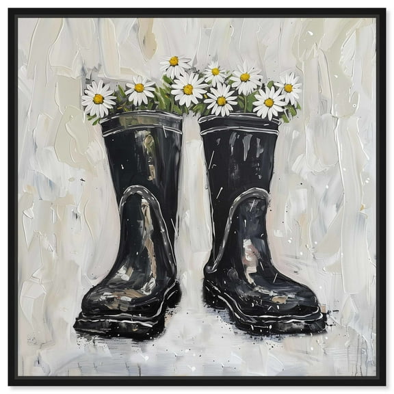 Rainboots And Daisies Chic Farmhouse Canvas Wall Art by Art Remedy, Black Floater Frame, 12"x12"