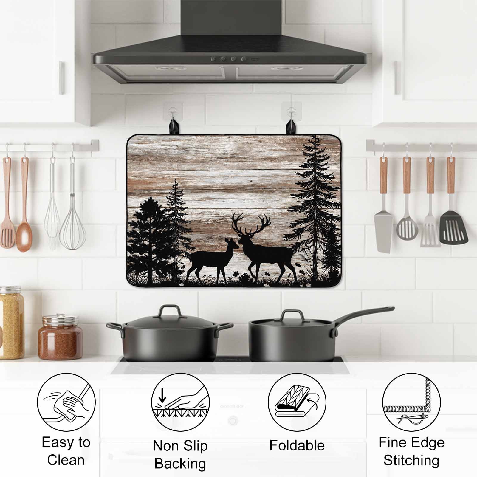 Deer Silhouettes Stove Top Cover for Electric Stove, Heat-proof & Non Slip Glass Top Stove Cover Protector, Trees Wooden Retro Art Farmhouse Kitchen Flat Cooktop Rubber Mat 24x21 Inches