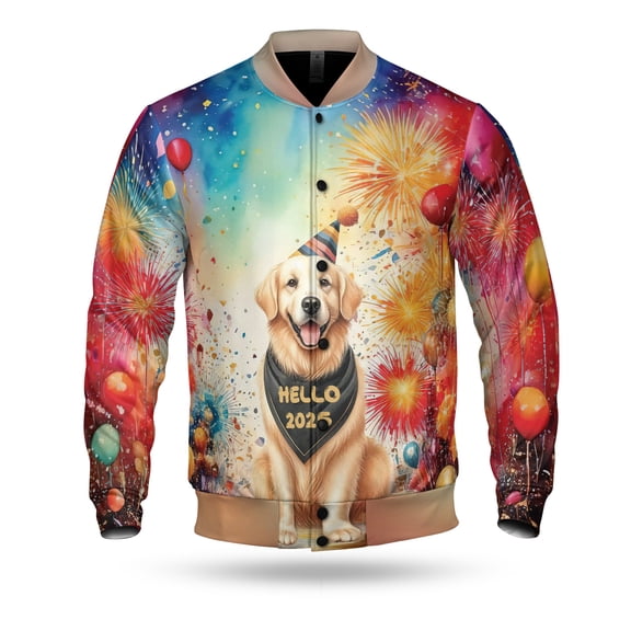Hello 2025 Golden Retriever Celebrates Happy New Year Firework Balloon All Over Print 3D Baseball Jacket Goldens Dog Lover Gifts Idea Bomber Jacket Softball - 02024