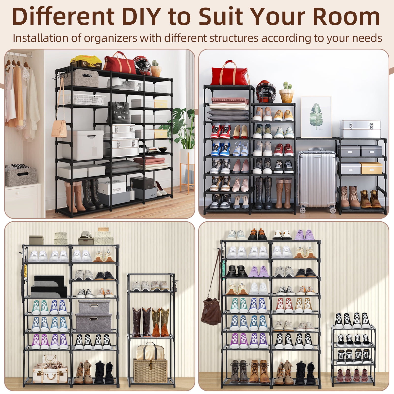 8-Tier Shoe Organizer HONEIER 48 Pairs Large Shoe Rack with 2 Hook Rack, Stackable Shoe Storage Cabinet for Shoe & Boots, Shoe Shelf for Closet, Entryway, Bedroom, Garage, Black