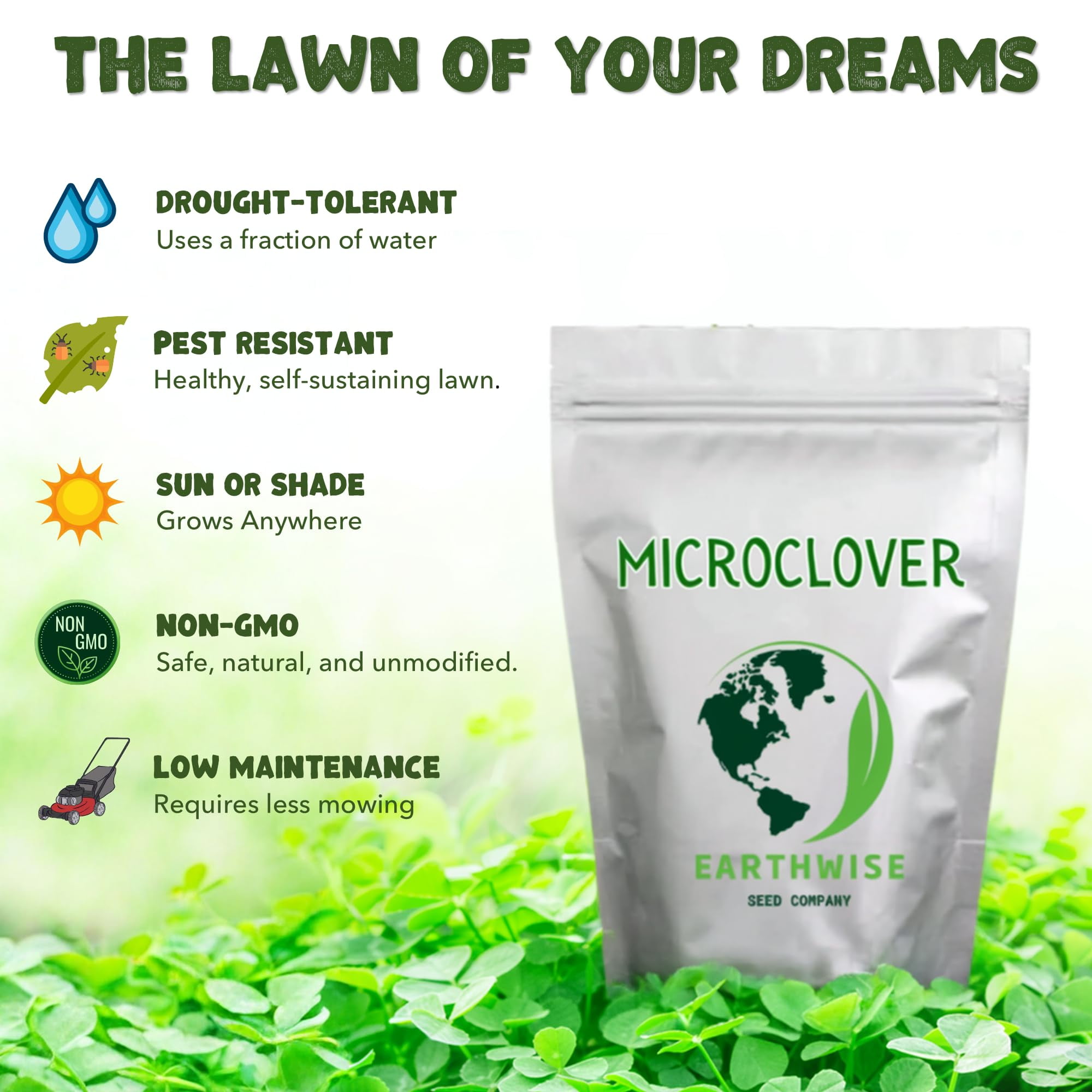 Earthwise Microclover Alternative Lawn Seed, Low-Maintenance, Eco-Friendly Turf, 1lb, Covers 500–1000 Sq ft