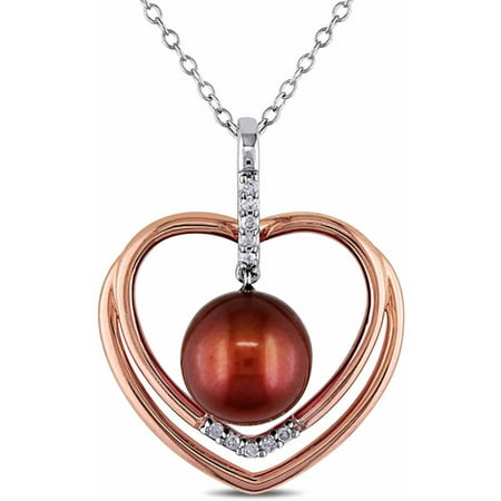8-8.5mm Brown Round Cultured Freshwater Pearl and Diamond Accent Two-Tone Sterling Silver Double Heart Pendant, 18