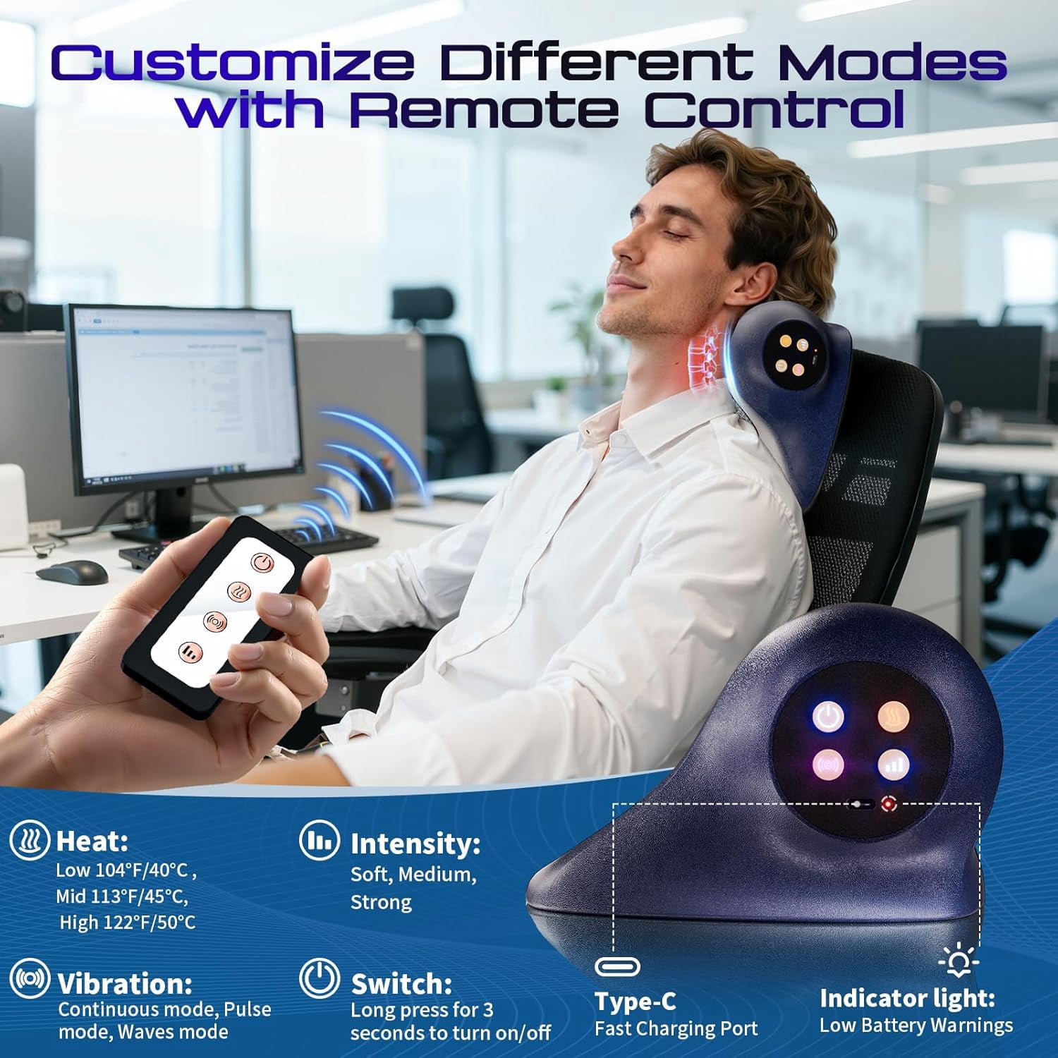 Neck Massager with Heat, 3-in-1 Electric Cervical Massager for Pain Relief & Hot Compress, Ergonomic Neck and Shoulder Relaxer Stretcher - Ideal Gift for Office Workers, Athletes & Everyone, Blue