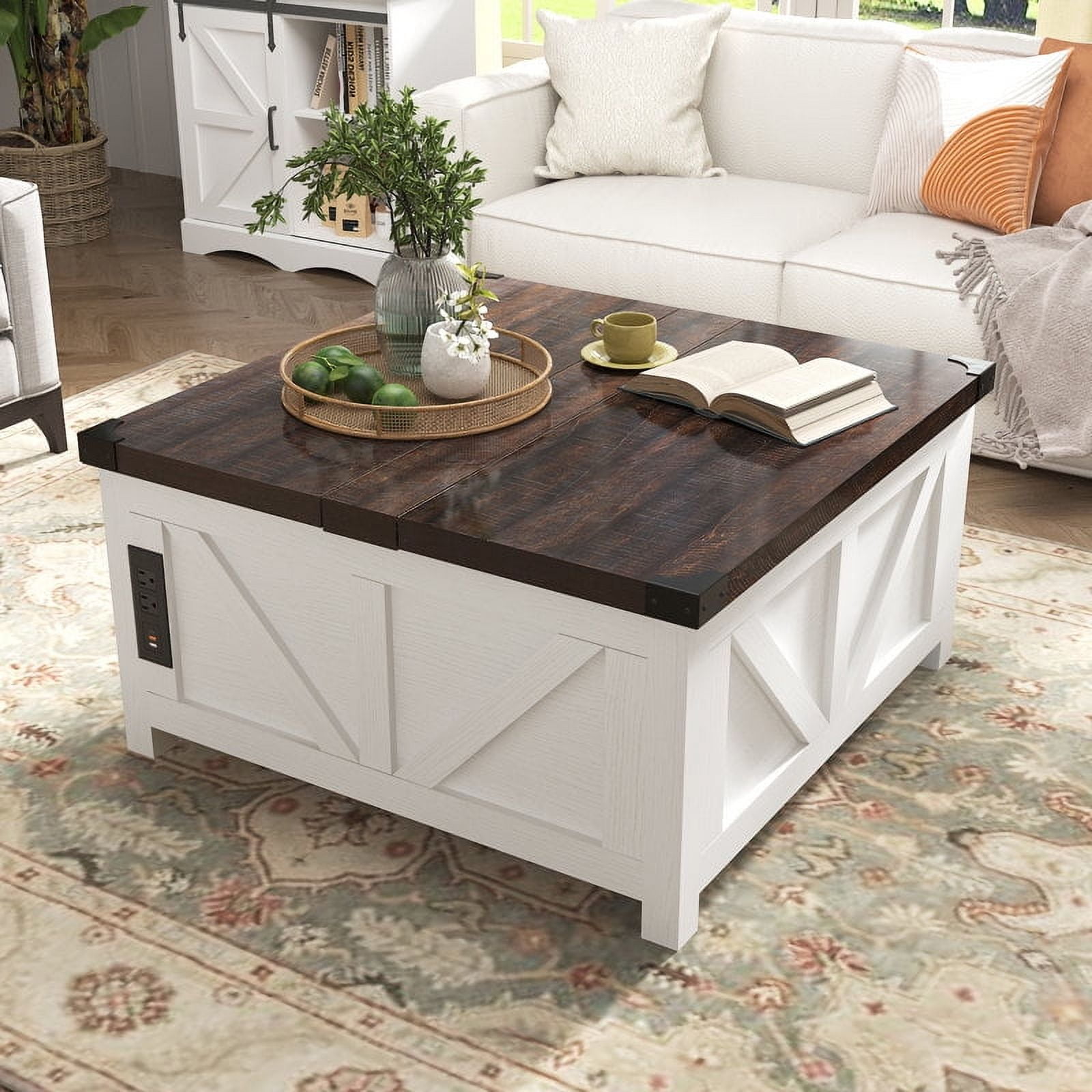 35.6" Farmhouse Lift Top Coffee Table with Charging Ports,Large Square Coffee Table with Storage, Wood Center Table w/Large Hidden Space for Living Room Home Office,White Brown