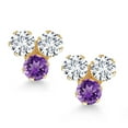 thumbnail image 2 of Gem Stone King 14K Yellow Gold White Lab Grown Diamond and Purple Amethyst Three Stone Stud Earrings for Women (0.60 Cttw, Gemstone April Birthstone, Round 3MM), 2 of 4