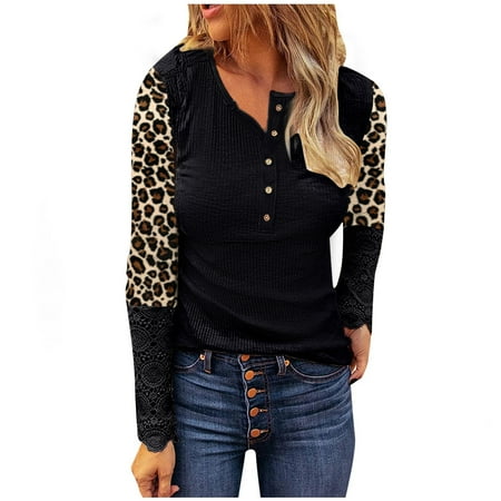 

LBECLEY Mom Shirts for Women Women s Long Sleeve V-Neck Shirt Top Soft Slim Top Blouse Front Button Leopard Printed Shirts Sleep Tops Women Soft Black Xl