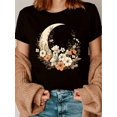 thumbnail image 1 of Women's Vintage-Inspired Floral Print Crescent Moon Graphic Tee - Casual Round Neck Short Sleeve, 100% Polyester, Machine Washable, in Black, 1 of 6