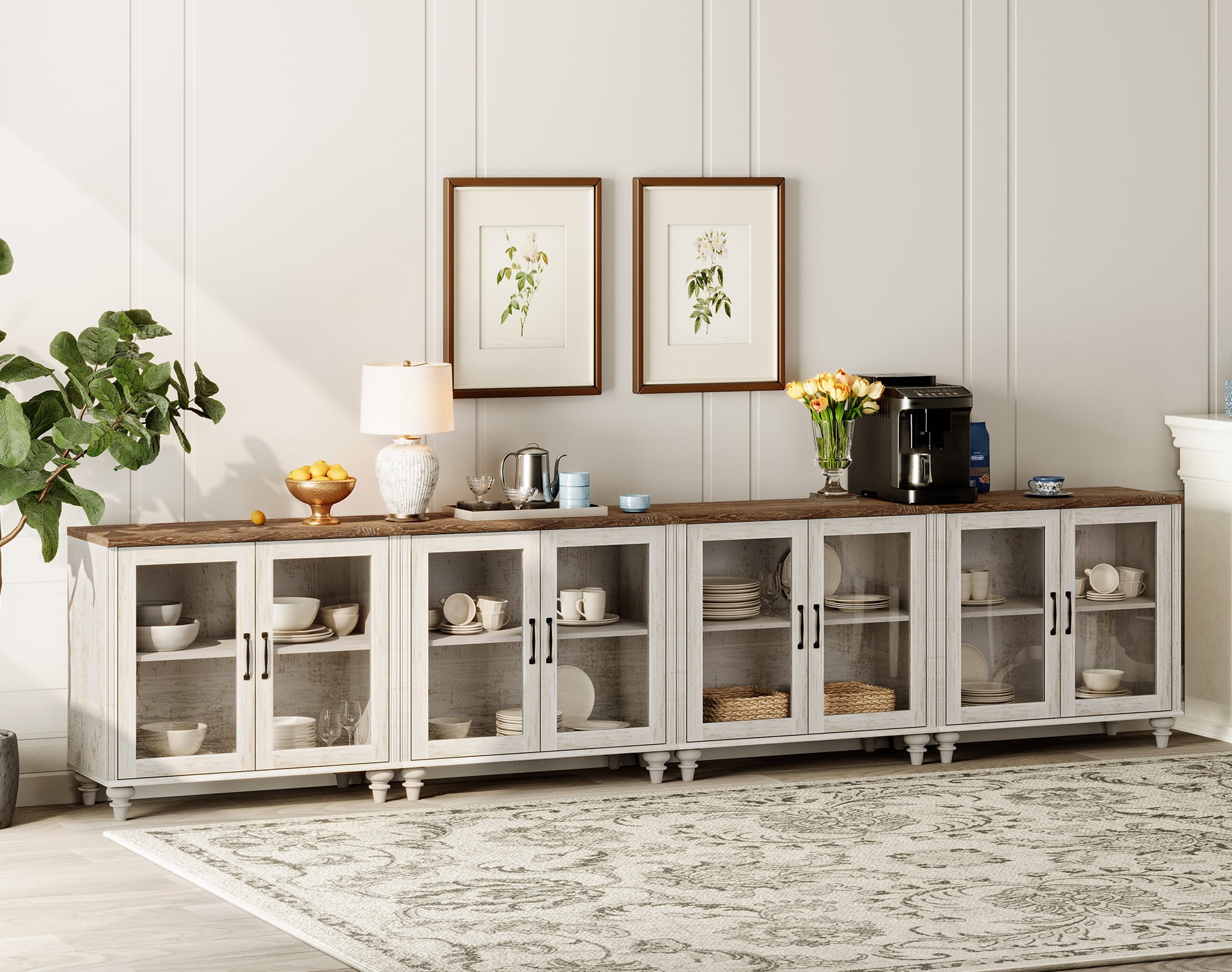 Buffet Cabinet with 8 Glass Doors, Kitchen Storage Cabinets with Adjustable Shelf, 135 inch, Rustic White