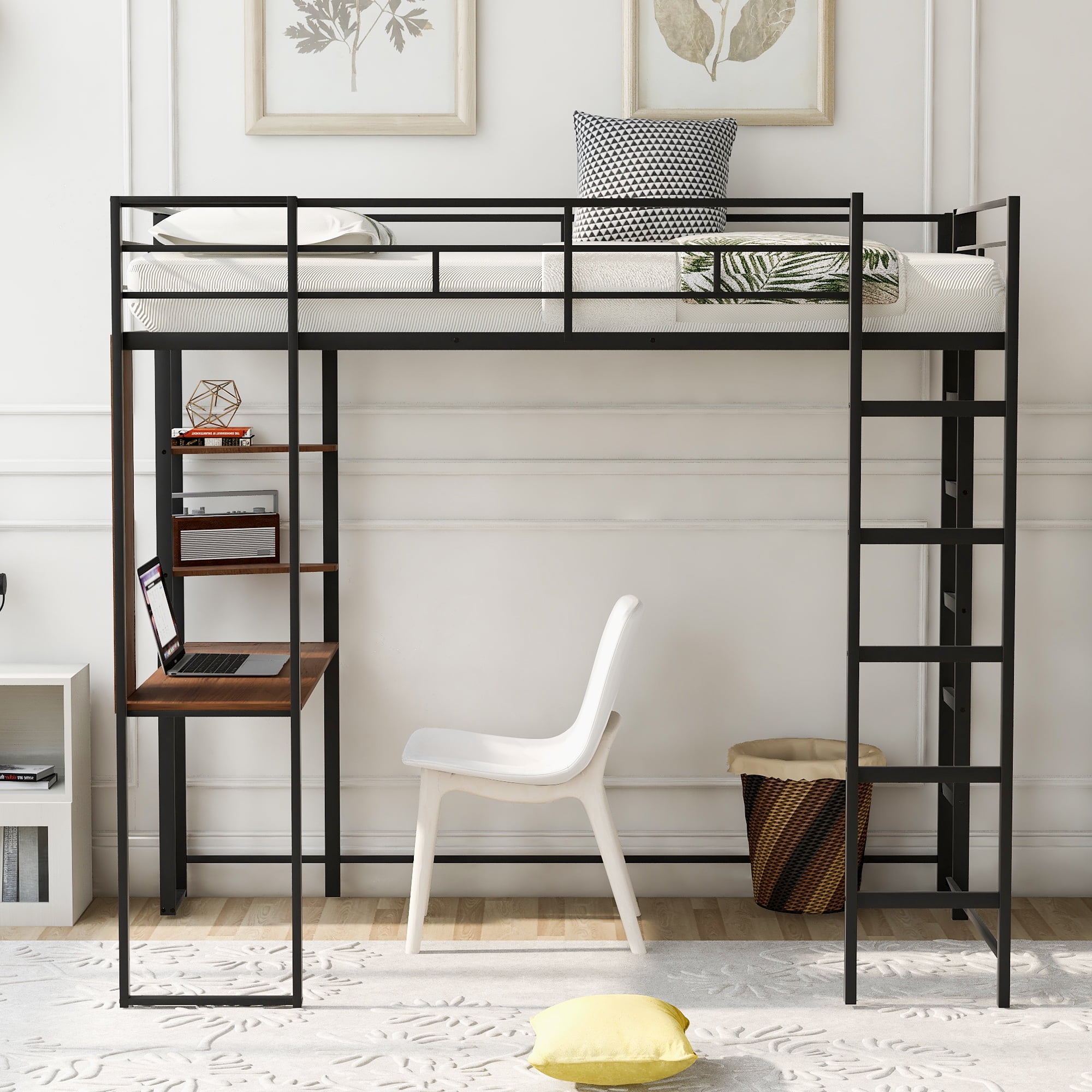 Gewnee Metal Twin Size Loft Bed with Desk, Two Shelves and Built-in 2 Ladders for Kids Teens,Black
