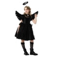 thumbnail image 6 of Odeerbi Toddler Girls Angel Dress Up Clothes Halloween Tulle Dress + Wing + Feather Headband + Stockings Four Pieces Set Halloween Demons Role Play Dress Clothing Black, 6 of 6