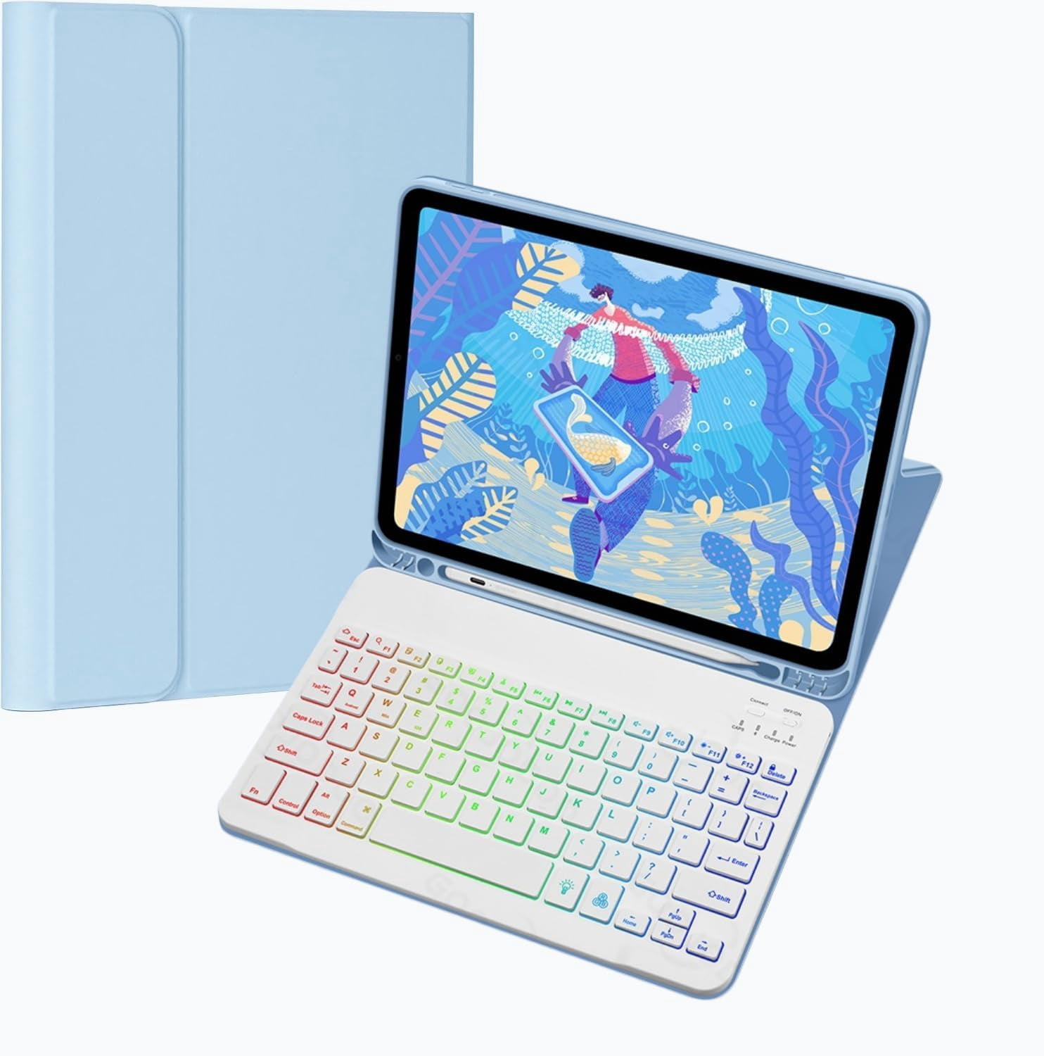 Funda de Teclado Magnética Desmontable con Retroiluminación Arcoíris de 7 Colores y Ranura para Lápiz, Folio Protector Delgado para iPad Air 13 M4/M3/M2 y iPad Pro 12.9 3–6 Gen, Azul Cielo