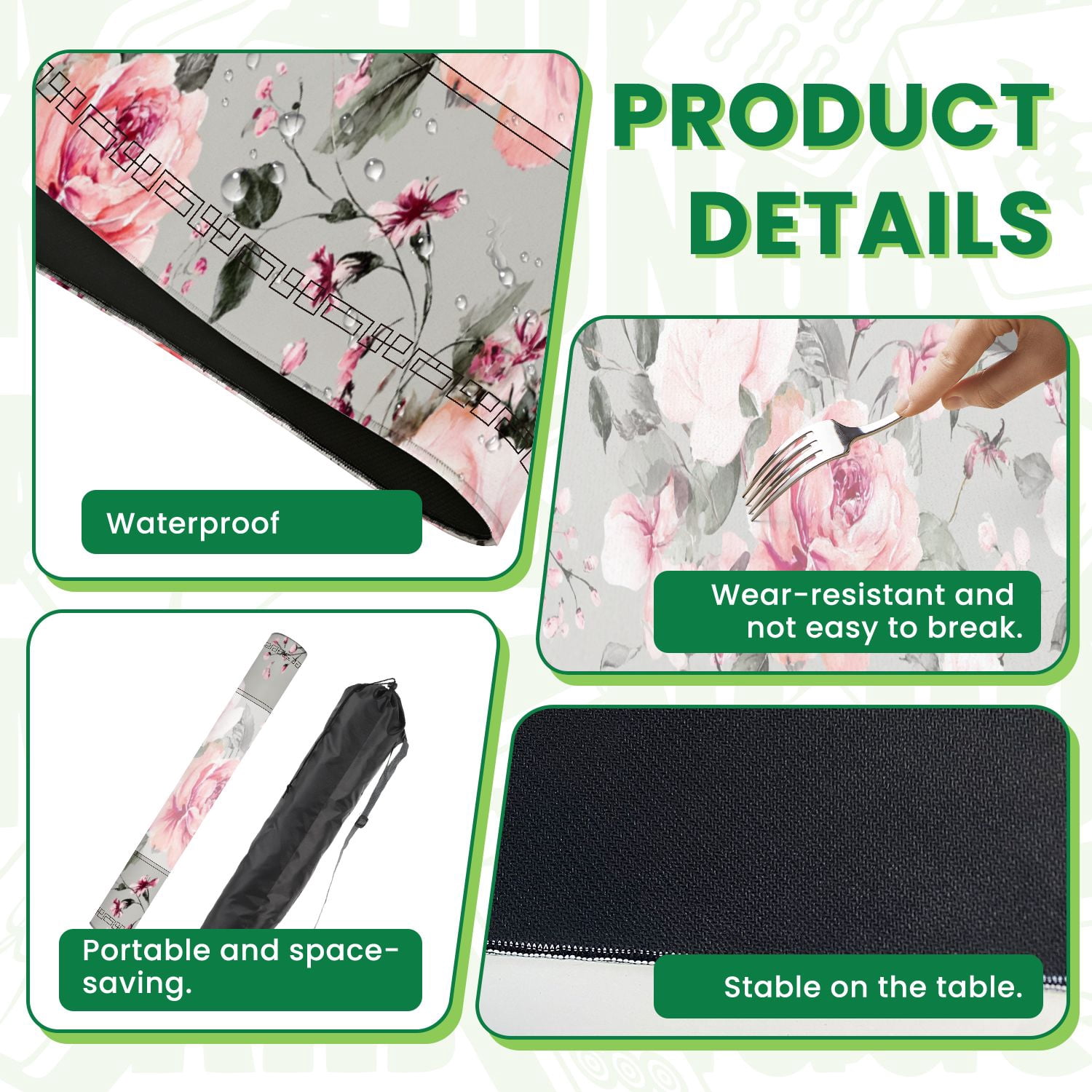 Mahjong Mat 31.5" x 31.5" Seamless spring flowers leaves Hand drawn floral for Non-Slip Noise Reduction American Mahjong Tiles Table Cover for Dominoes Poker Card Board Games Gift