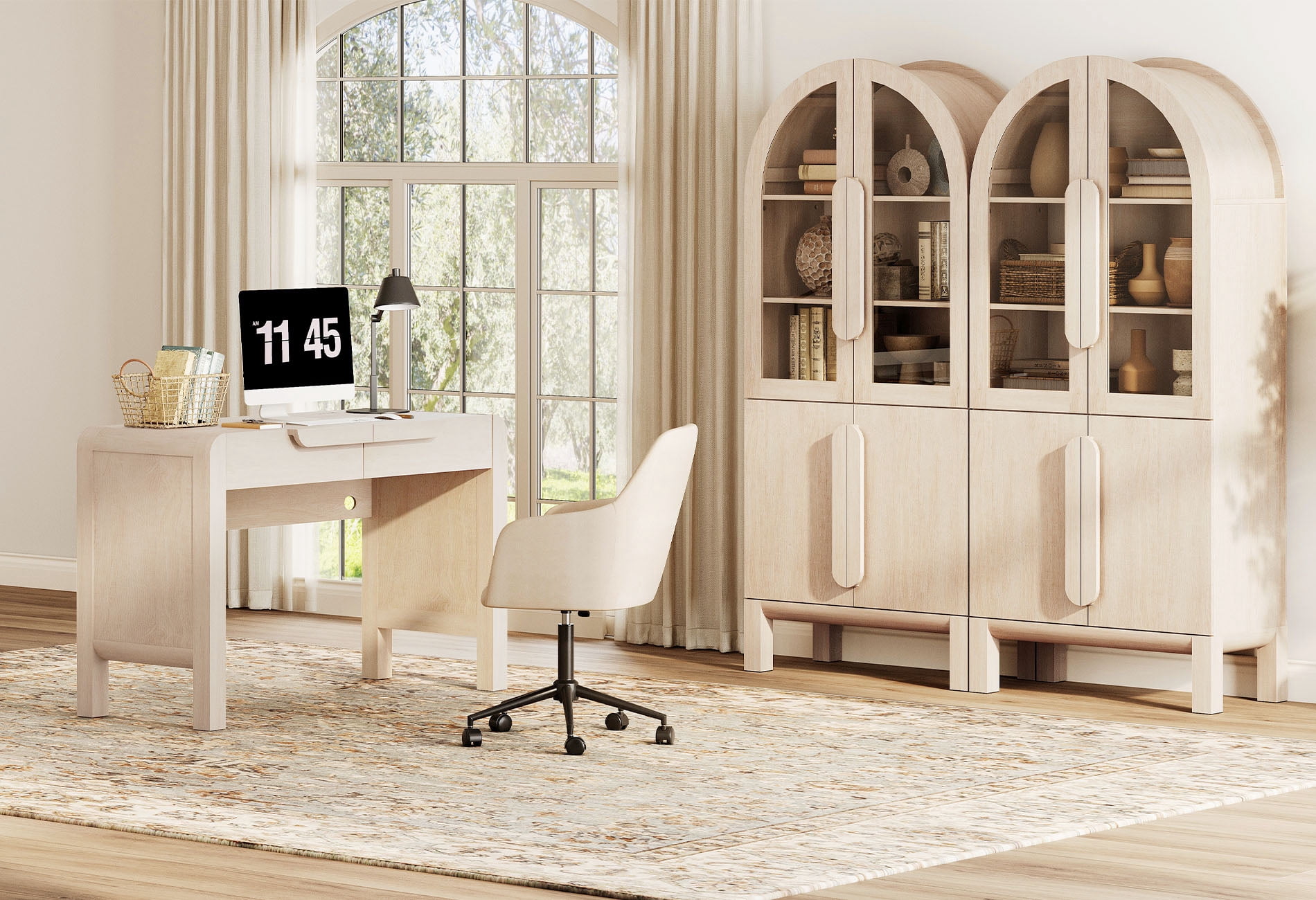 Home Office Set, 47" Modern Executive Desk with Charging Station and Drawers & 2 Piece 71"H Tall 3-Tier Arched Bookcases with Glass Door for Living Room, Bedroom, Home Office