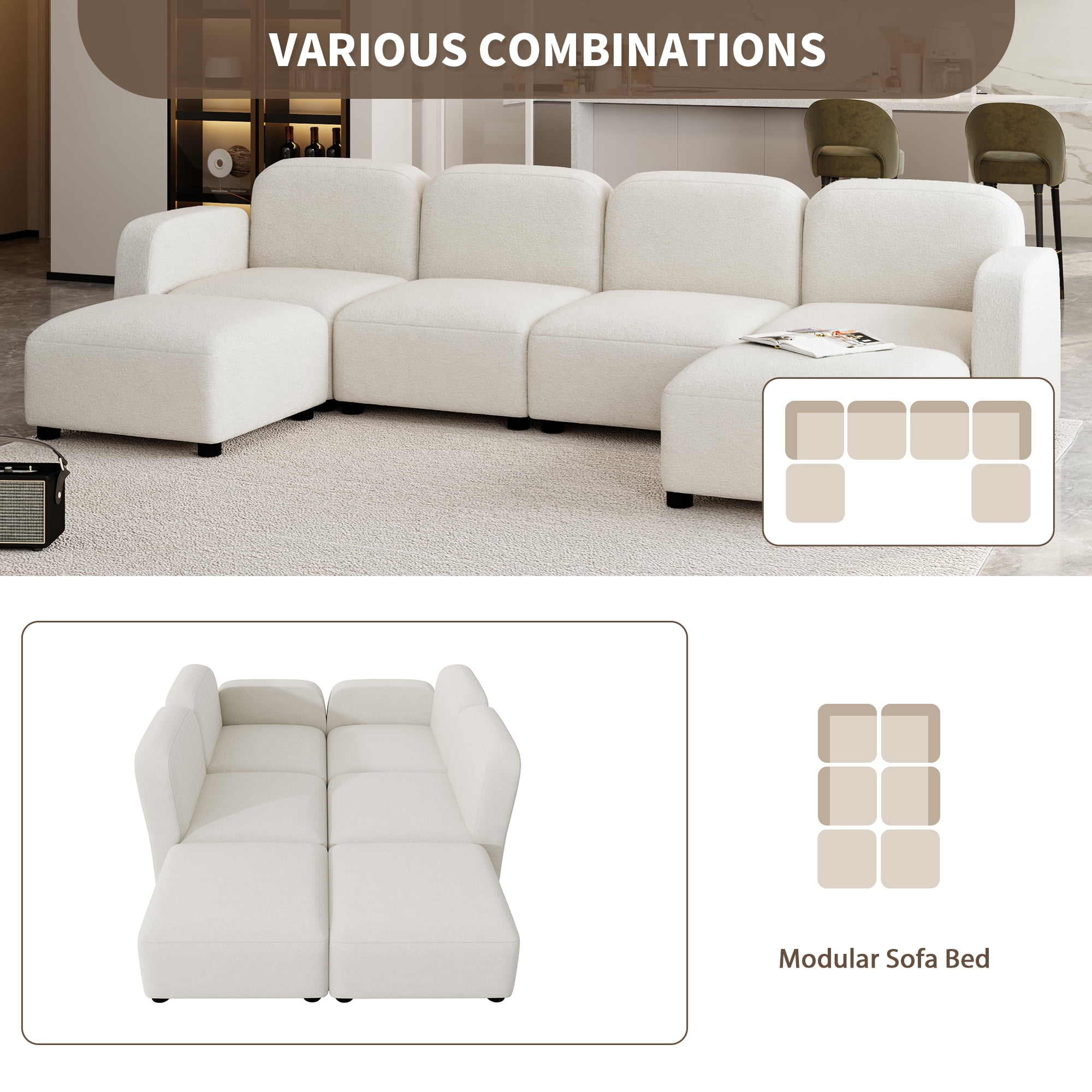 EUROCO 116" U Shaped Modular Sectional Sofa Couch, Reversible 6 Seat Velvet Sleeper Cloud Sofa Bed with Ottoma, onvertible Oversized Indoor Furniture Pieces for Living Room, Beige