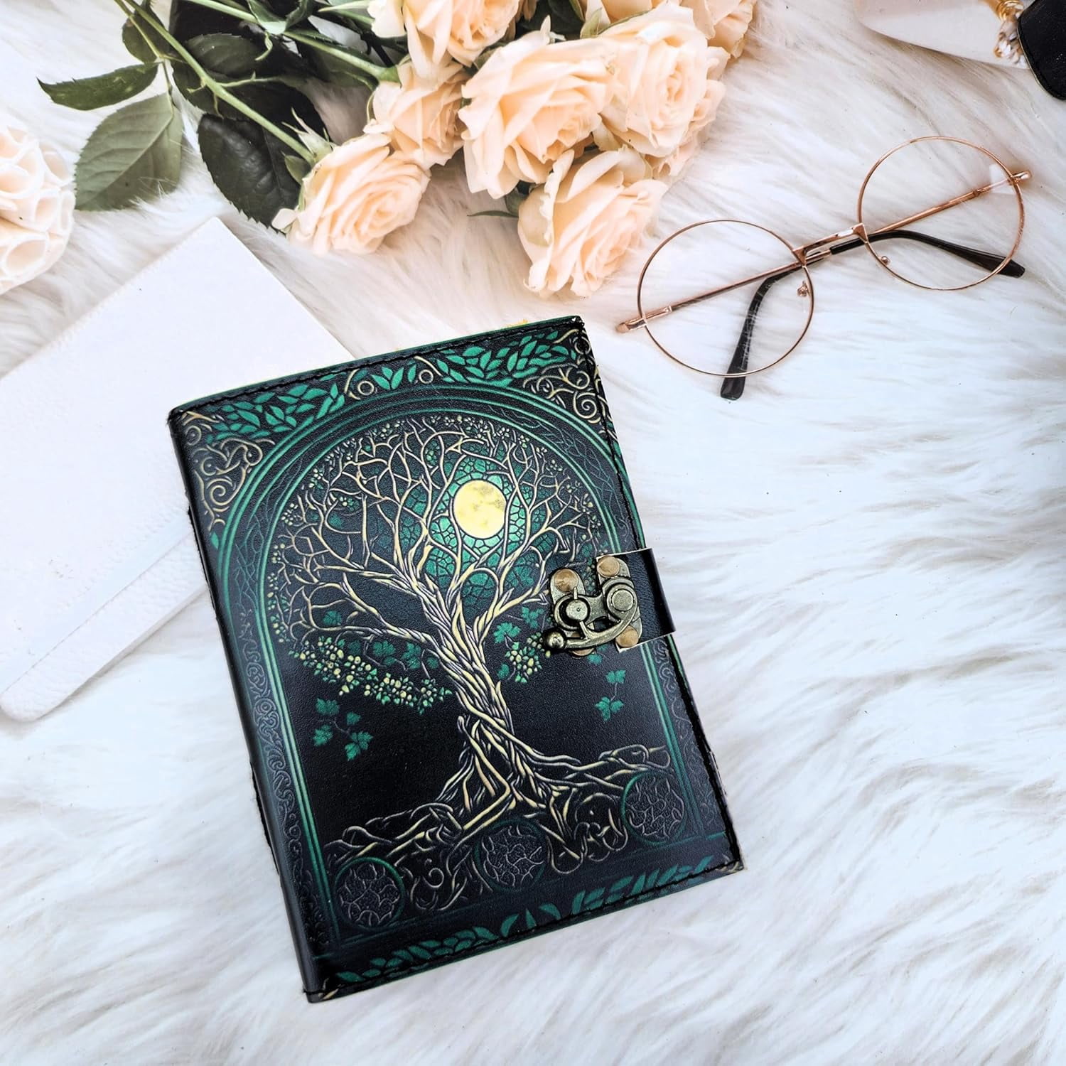 Premium Leather Tree and Moon Printed Journal – 7x5 Inch Sketchbook Notebook