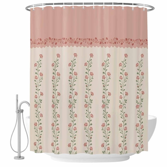 Spring Pink Floral Shower Curtain, Waterproof Shower Curtains for Bathroom, Vintage Farmhouse Flowers Art Washable Fabric Bathtub Curtain Set Bath Decor with 12 Hooks Extra Long 72"x96"
