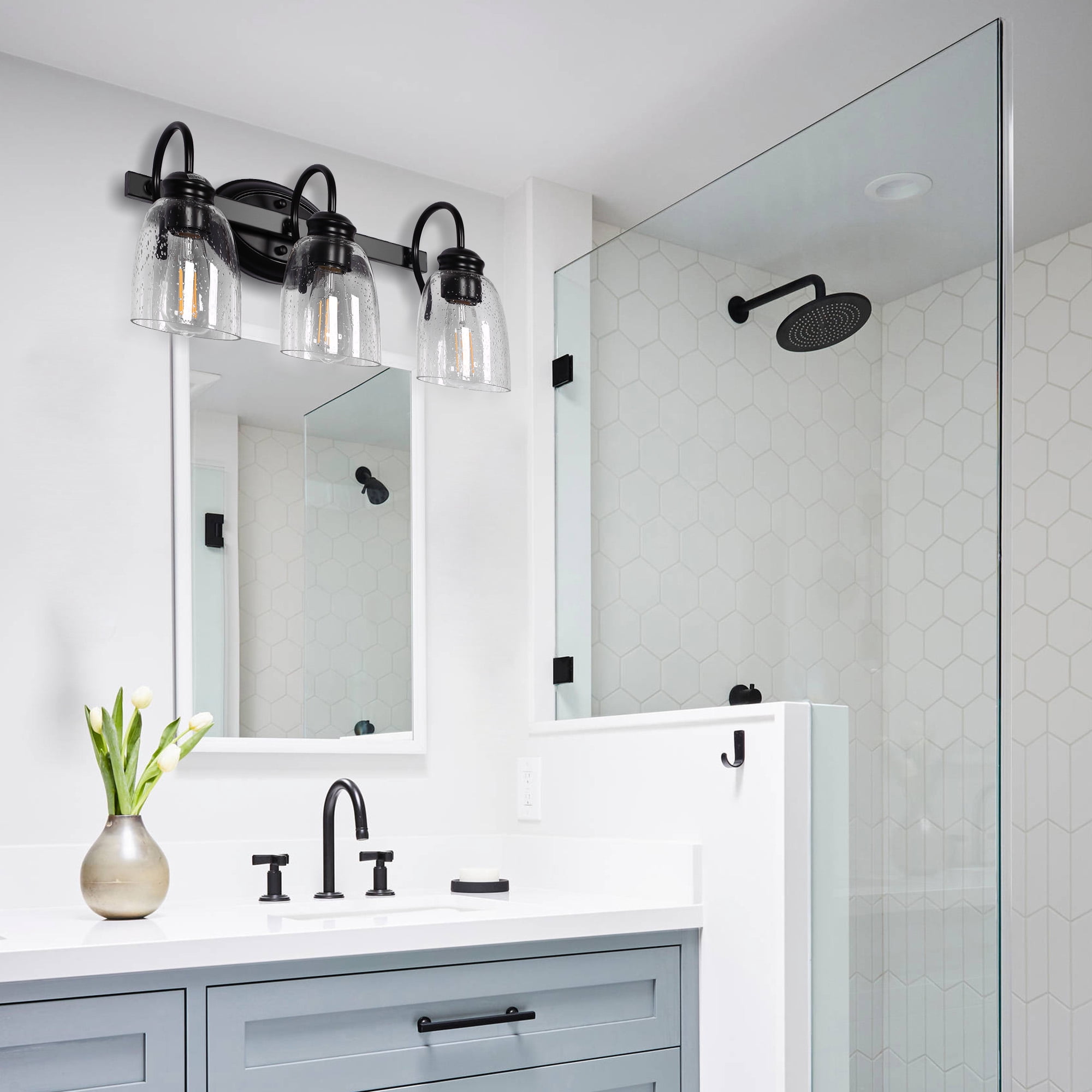 Briignite 3 Light Bathroom Vanity Light Fixtures, Modern Black Vanity Lights Over Mirror, Vintage Wall Sconce with Seeded Glass Shade, Black Vanity Lights for Bathroom