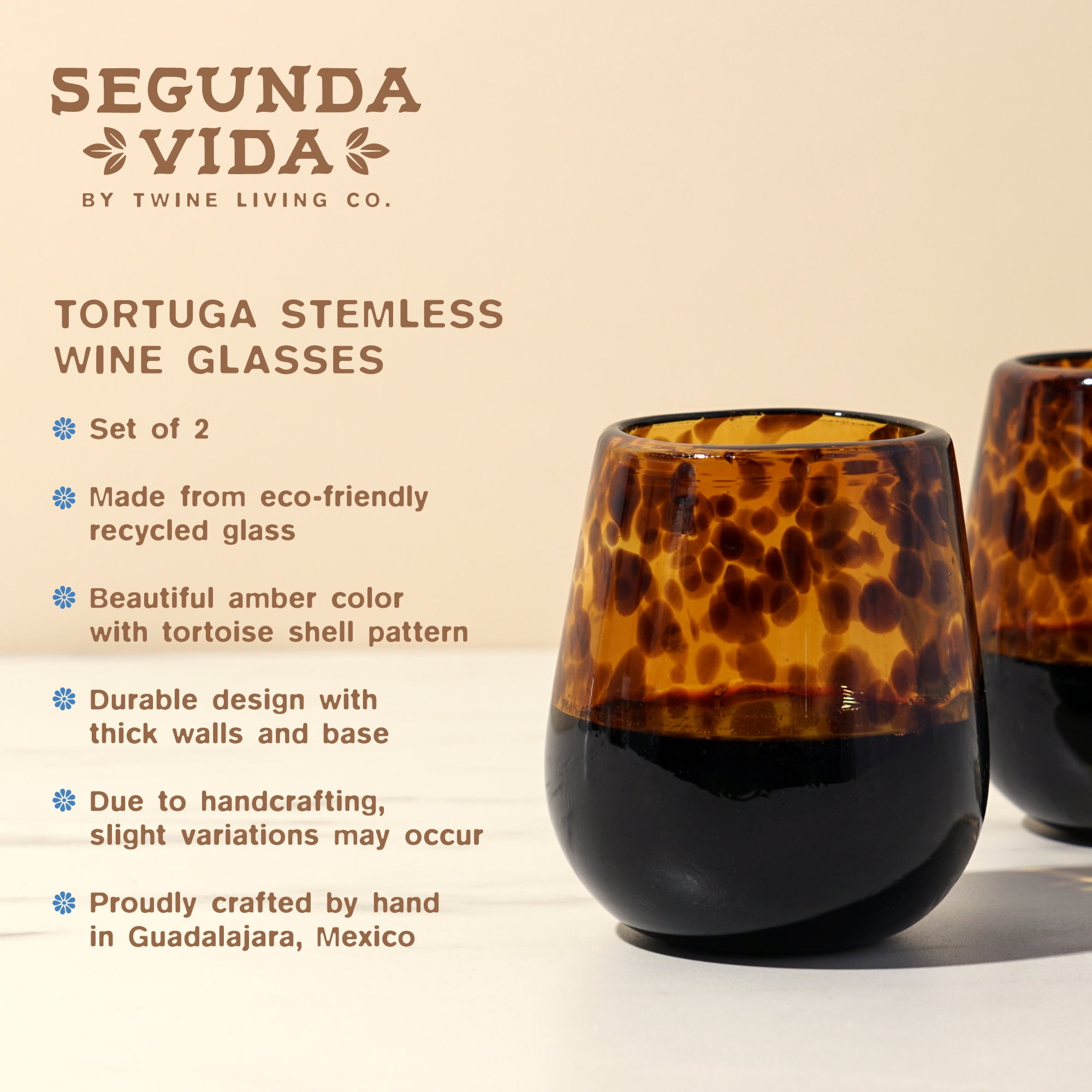 Segunda Vida Tortuga Stemless Wine Glasses, Made in Mexico, 13oz Set of 2
