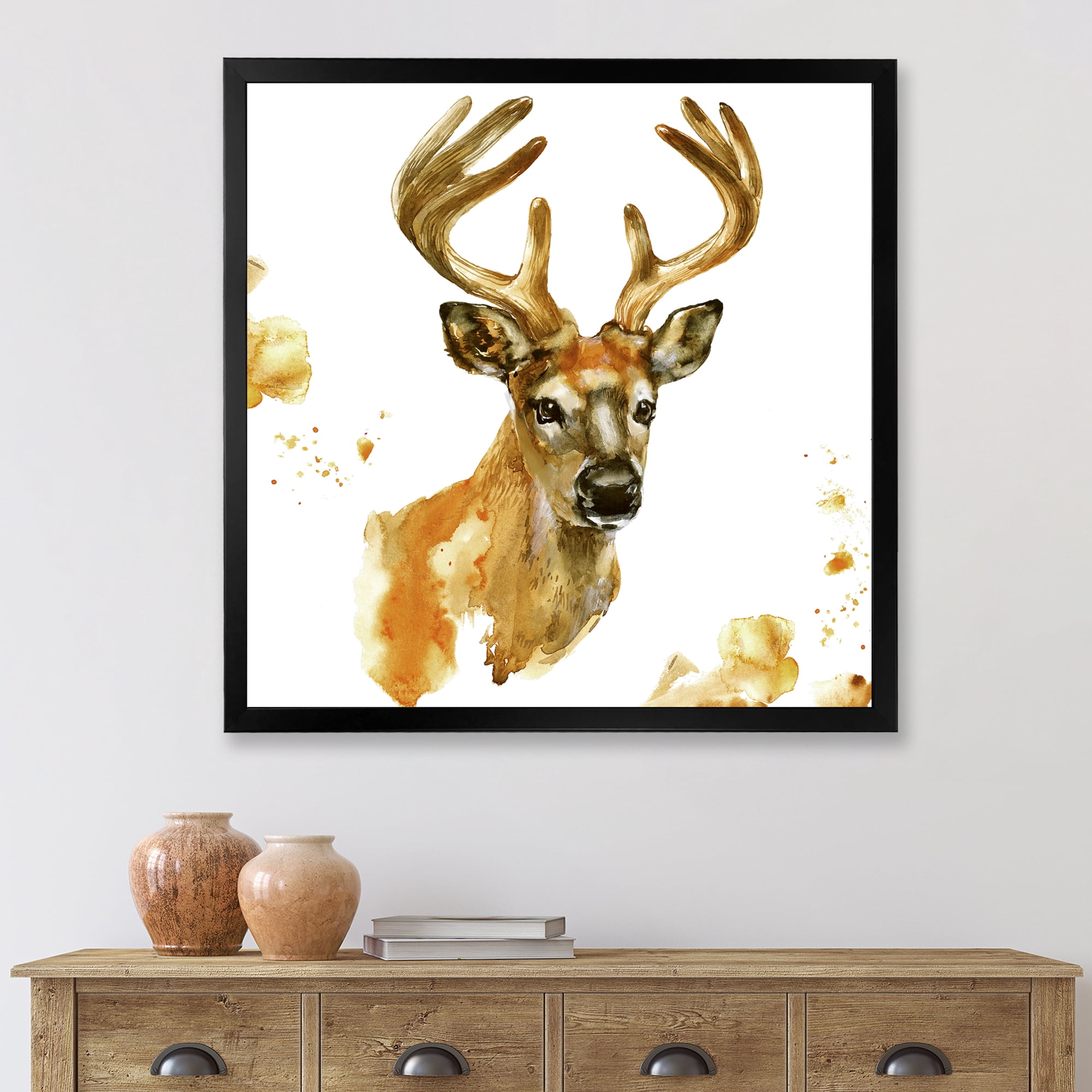 Designart 'Abstract Portrait Of Deer With Big Horns' Farmhouse Framed Art Print
