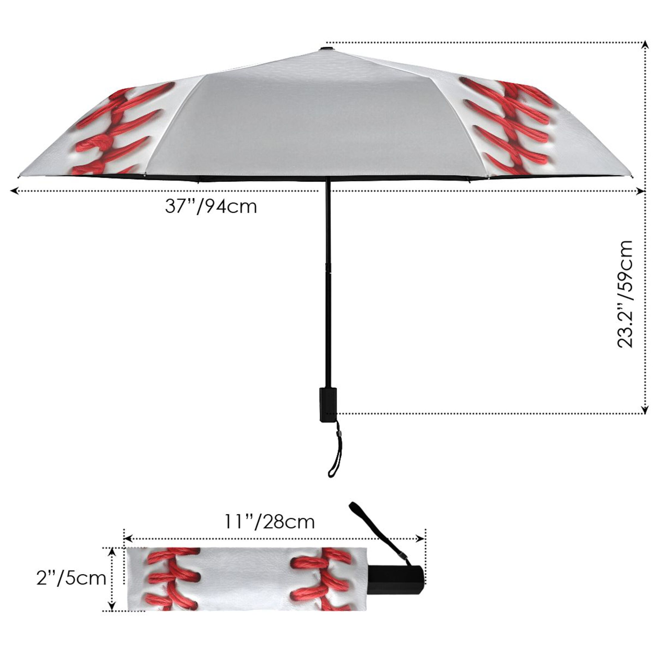 White Baseball Close Up All Weather Umbrella Triple Folding Parasol 6 Ribs UV Protection Portable