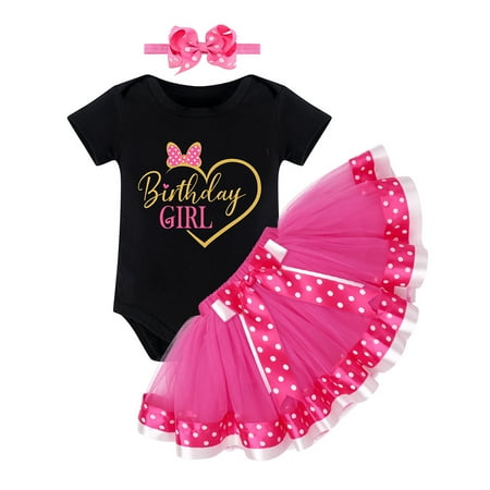 

FYMNSI Baby Girl Toddler Kids 1/2 1st 2nd Birthday Cake Smash Outfit Short Sleeve Romper Tutu Skirt Bowknot Headband 3pcs Set 1 Year Black Hot Pink - Love Heart