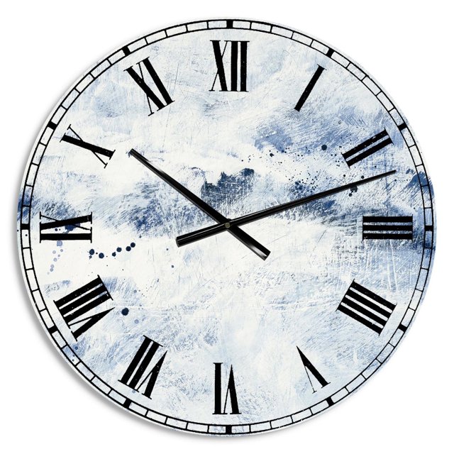 Designart « blue Wipe Out » Horloge Murale Style Ferme avec un Cadran Rond, Texturé en Aluminium Brossé Bleu et Blanc, Chiffres Romains Noirs, et Aiguilles Minces Noires de l'Heure, de la minute et des Trottes sur une Finition Lustrée, Prête à Accrocher avec Pile Incluse.