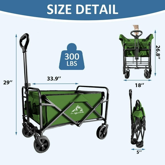 Collapsible Utility Cart Folding Wagon, 220 lbs Capacity Lightweight Rolling Cart with Quiet Wheels, Quick-Fold Design for Camping, Shopping, Outdoor Use, Green