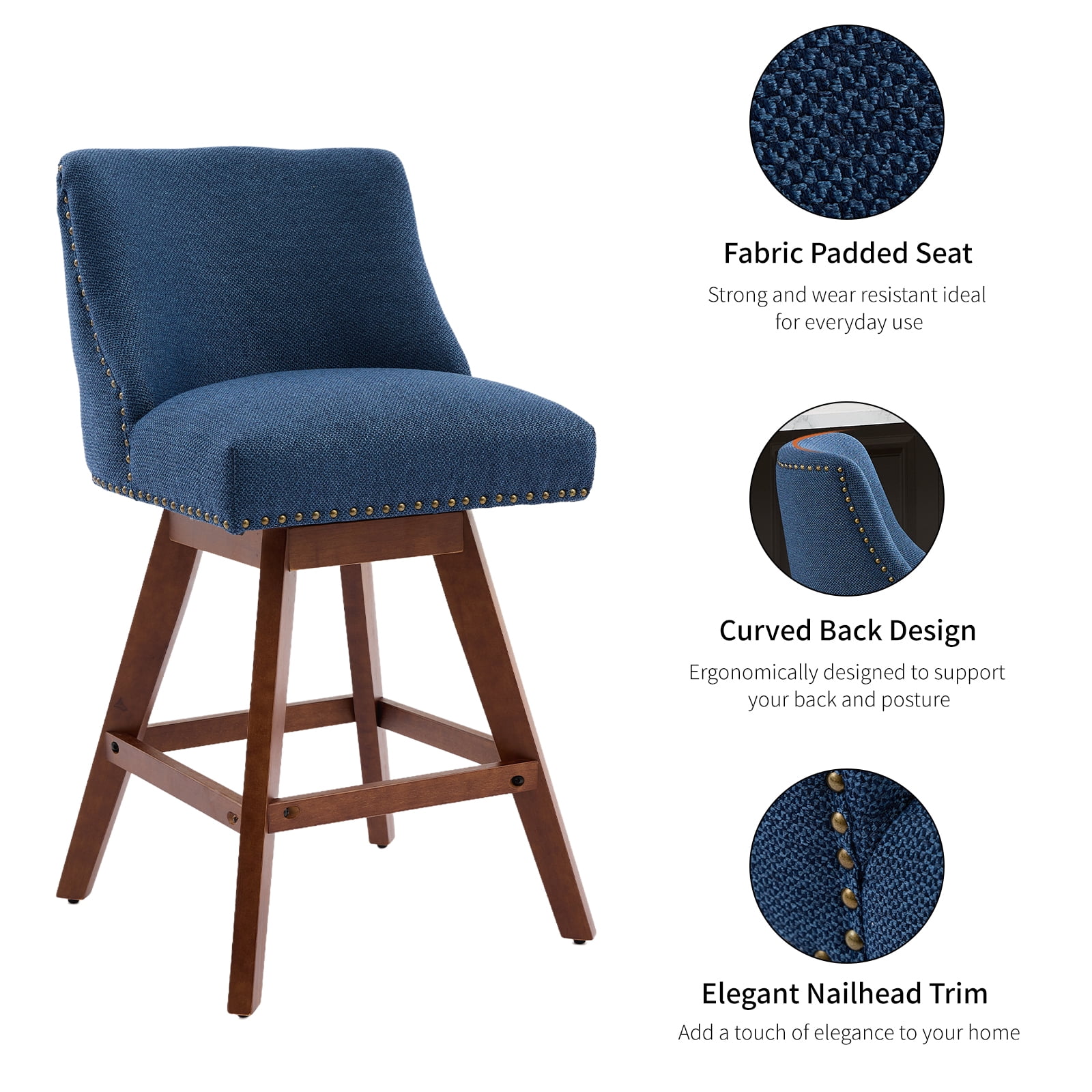 Modern Swivel Bar Stools Set of 2, Blue Counter Height Bar Stools with Back for Kitchen Island, Fabric Upholstered Island Chairs with Wood Legs, Barstool Chairs, Sillas para Barra de Cocina
