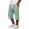 thumbnail image 4 of Men's Pants Elastic Waist Drawstring 3/4 Length Solid Textured Knit Loose Soft Breathable Summer Bottoms for Gym Workout Weekend Outings and Active Days Light Green M, 4 of 9