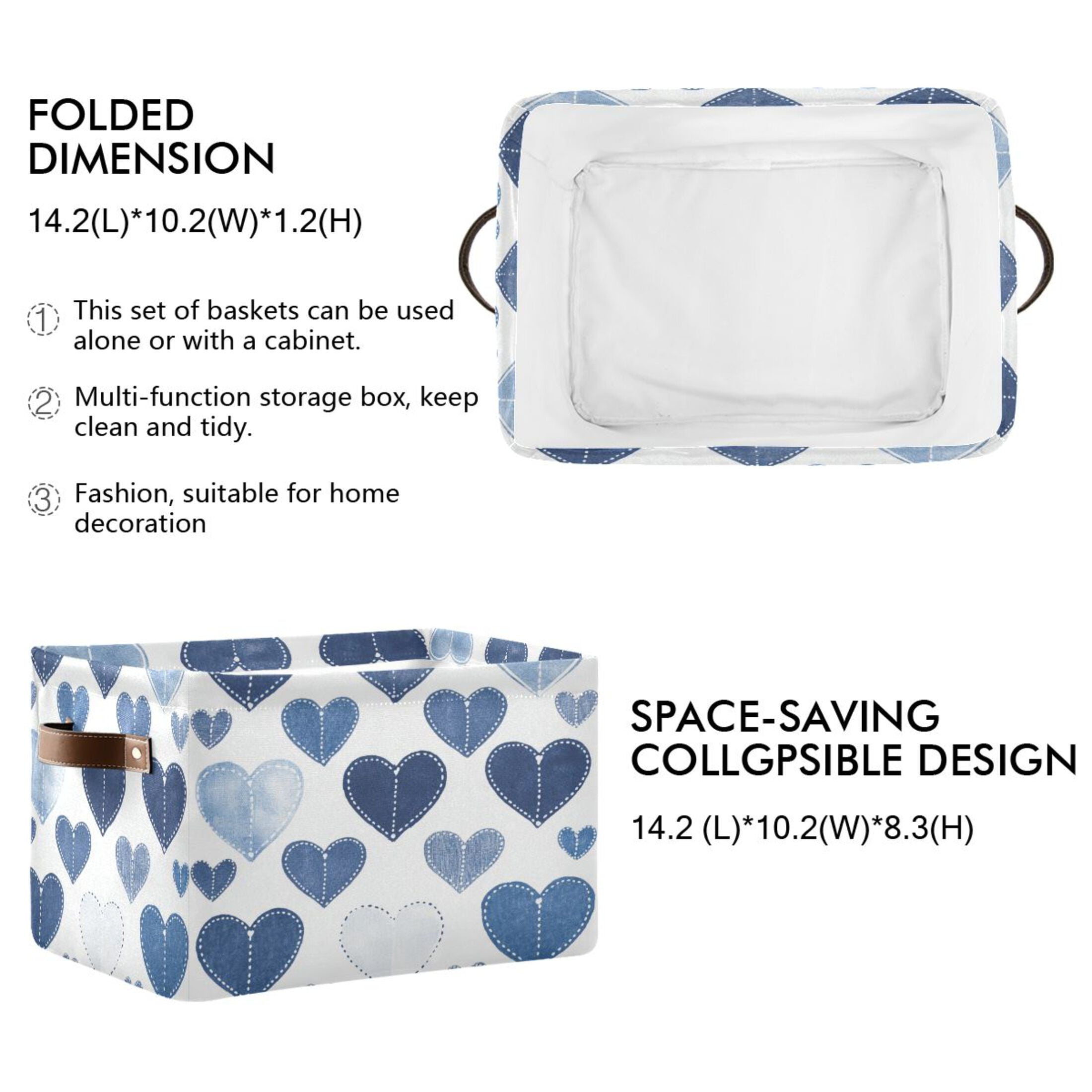 Denim Heart Pattern Foldable Storage Basket,Canvas Fabric Foldable Storage Bins with Handles Open Home Storage Bins Boxes for Toy Book Shelf Closet Baskets
