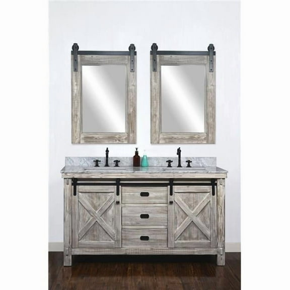 InFurniture WK8560-W-CW SQ TOP 60 in. Rustic Solid Fir Barn Door Style Double Sinks Vanity in White Wash with Carrara White Marble Top with Rectangular Sink - No Faucet - 61 x 34.6 x 22 in.