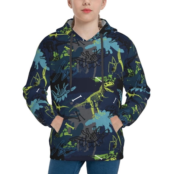 Picia Cartoon Dinosaur Pattern Youth Hoodie - Warm Pullover Sweatshirt with Kangaroo Pocket, Ideal for Boys and Girls-Small