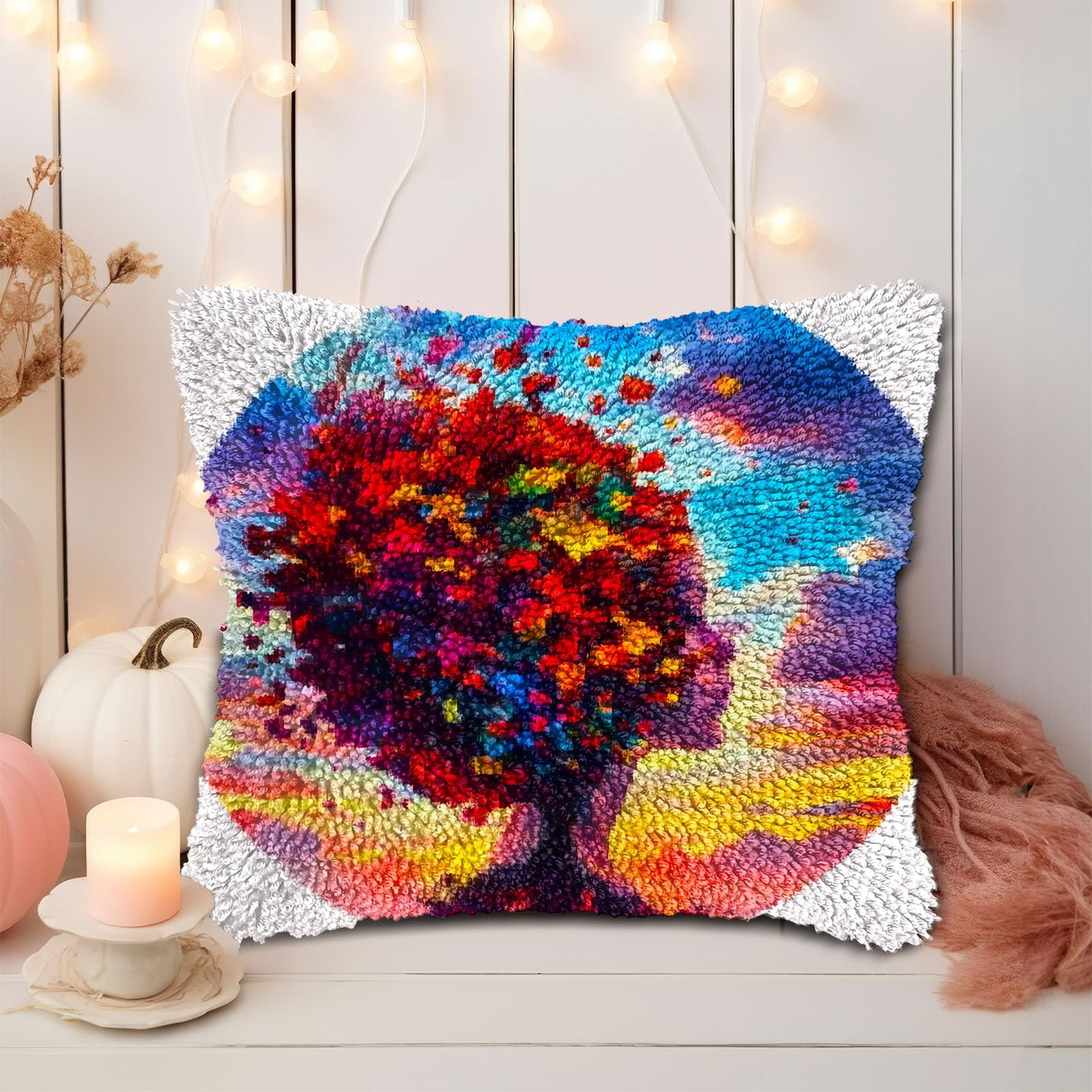 Abstract Woman Face Colorful Tree DIY Latch Hook Pillow Kits for Adults Printed Pillowcase Crochet Yarns Hooking Handmade Pillow Cover Cushion for Home Sofa Decoration 17x17inch(2)