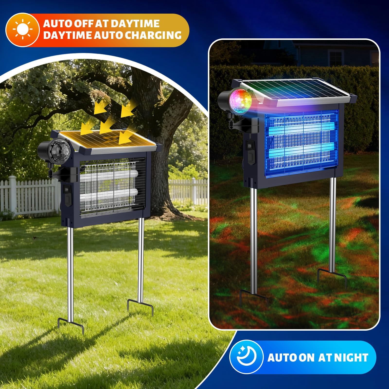 2-in-1 Solar Zapper Outdoor  4500v Electric Mosquito With Projection Light Ip66 Waterproof Cordless Fly Type-c Rechargeable For Patio Yard Camping