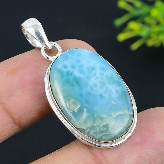 Natural Caribbean Larimar Gemstone 925 Sterling Silver Pendant 1.77"