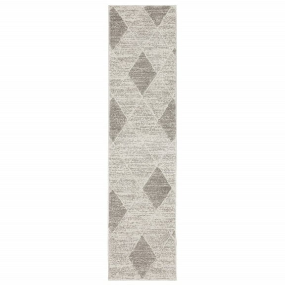 HomeRoots 2' X 8' Grey And Ivory Geometric Power Loom Stain Resistant Runner Rug
