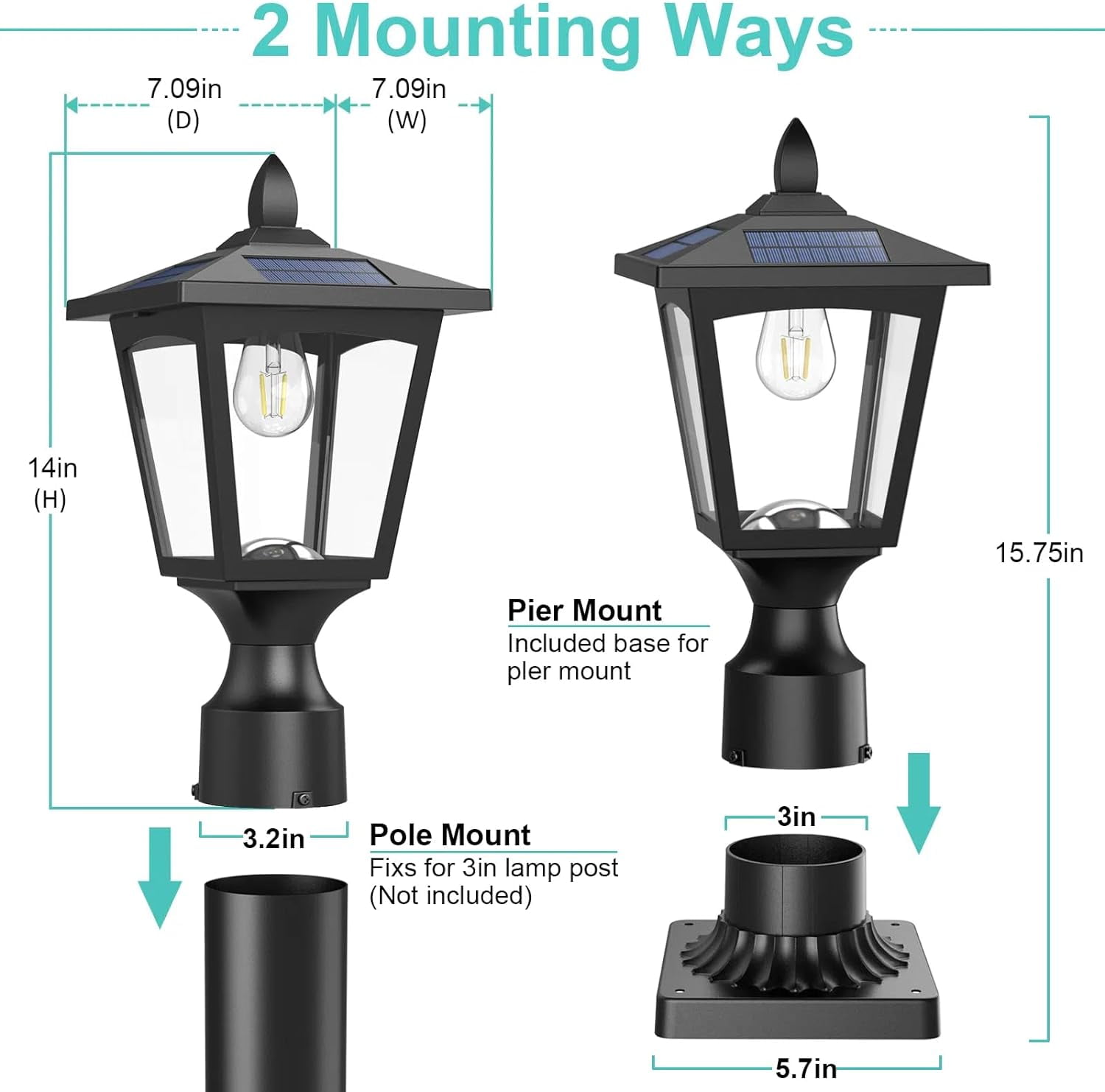Dusk to Dawn Solar Lamp Post Light with Pier Mount Base, Waterproof Outdoor Solar Post Lights for Garden Yard Landscape Pole Pillar Decoration (Cool White 6000K)